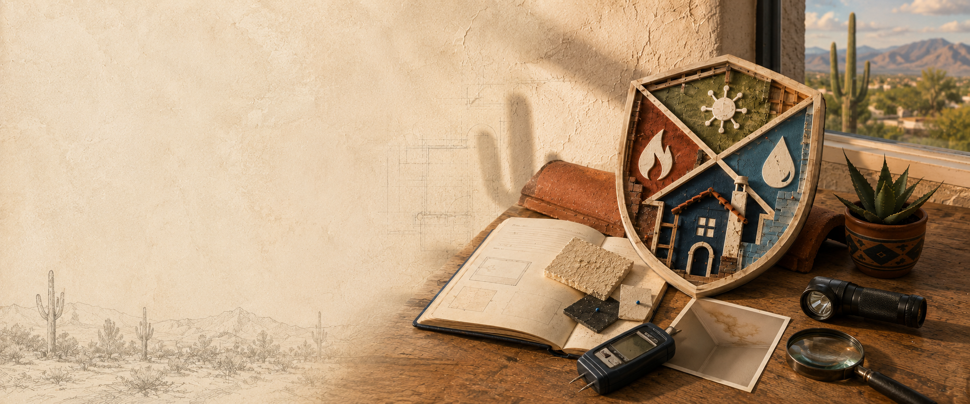 Moisture meter and home floor plan for Tucson restoration guides about home inspections