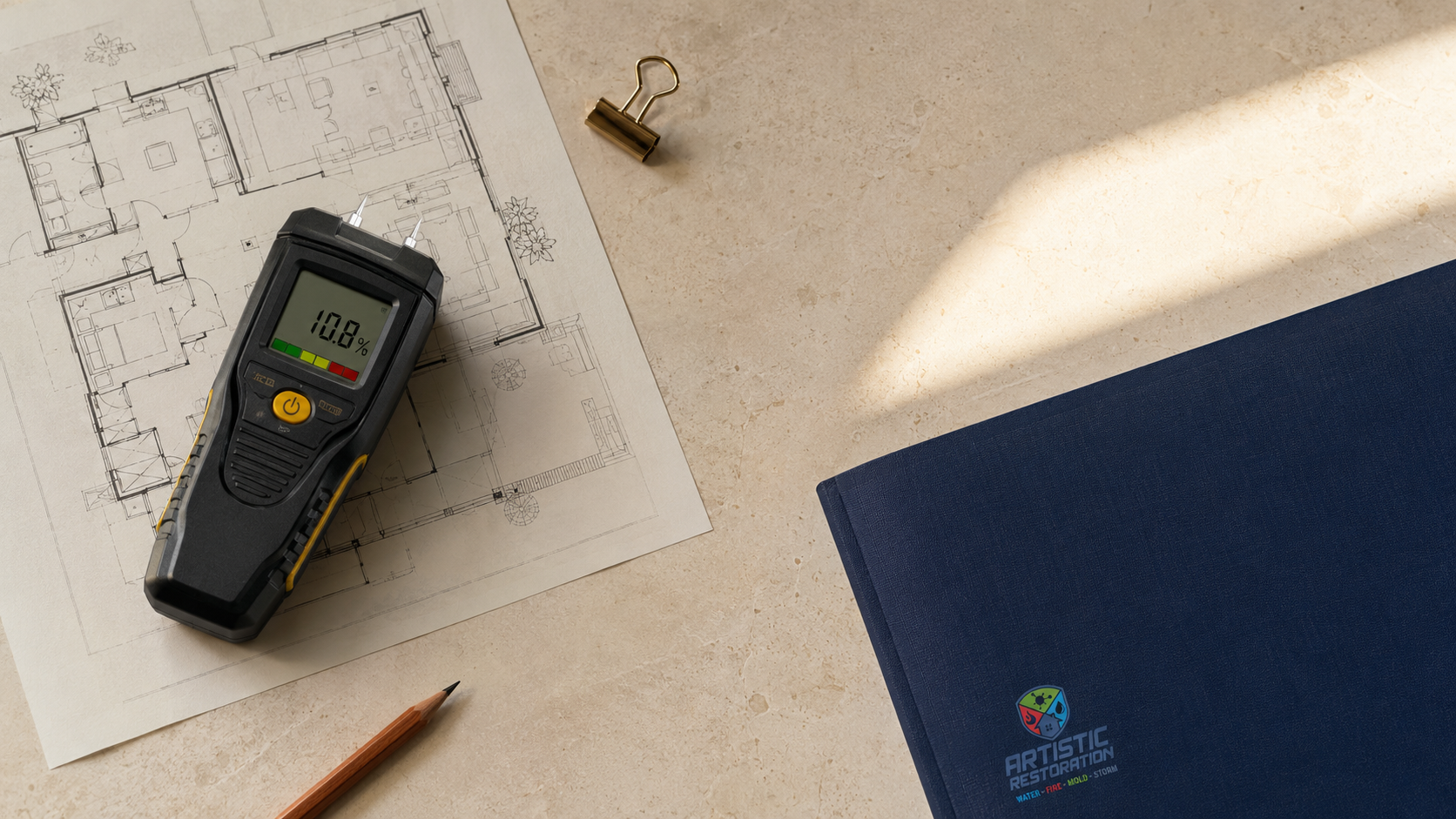 Moisture meter and home floor plan representing a careful restoration inspection